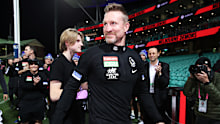 SYDNEY, AUSTRALIA - JUNE 14: Magpies head coach Nathan Buckley celebrates victory after coaching his final game for the Magpies during the round 13 AFL match between the Melbourne Demons and the Collingwood Magpies at Sydney Cricket Ground on June 14, 2021 in Sydney, Australia. (Photo by Matt King/Getty Images)