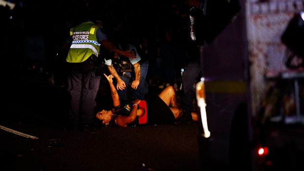 Lidia Thorpe is removed by police after protesting during the Gay and Lesbian Mardi Gras parade. 