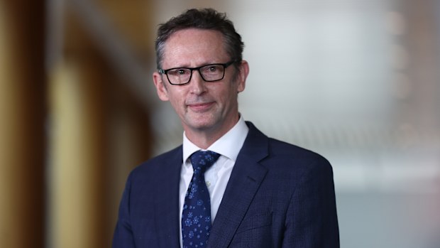 Assistant Treasurer Stephen Jones during a doorstop about the governments anti scam laws at Parliament House in Canberra on November 19, 2024. fedpol Photo: Dominic Lorrimer
