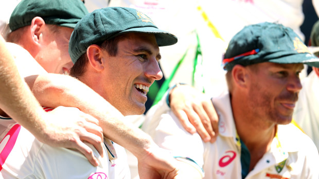 Pat Cummins of Australia celebrates after beating Pakistan during day four of the Men's Third Test Match in the series between Australia and Pakistan at Sydney Cricket Ground on January 06, 2024 in Sydney, Australia. (Photo by Jason McCawley - CA/Cricket Australia via Getty Images)