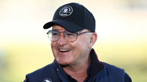David Hayes, trainer of Ka Ying Rising, speaks to Australian media at Canterbury Park Racecourse.