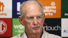 SYDNEY, AUSTRALIA - MARCH 07: Wayne Bennett head coach of the Rabbitohs speaks to the media following the round one NRL match between Dolphins and South Sydney Rabbitohs at CommBank Stadium on March 07, 2025 in Sydney, Australia. (Photo by Jason McCawley/Getty Images)