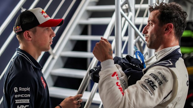 Liam Lawson of New Zealand and Scuderia AlphaTauri and Daniel Ricciardo of Australia and Scuderia AlphaTauri  during practice ahead of the F1 Grand Prix of Hungary at Hungaroring on July 21, 2023 in Budapest, Hungary. (Photo by Peter Fox/Getty Images)