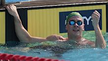 Jamie Jack of Australia celebrates winning the men's 50m freestyle final at the 2025 US summer championships.