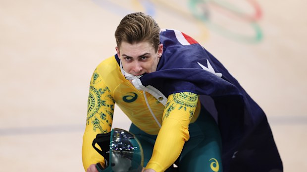 Bronze medallist Matthew Glaetzer of Australia celebrates.
