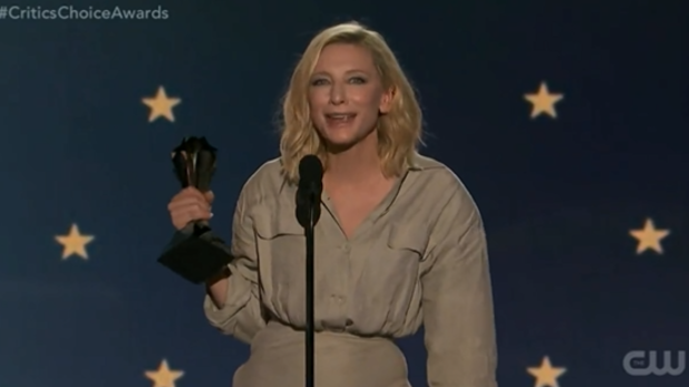 Cate Blanchett criticises the 'patriarchal pyramid' of award shows in Critics' Choice Awards acceptance speech.