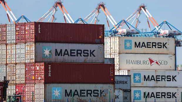 BREMERHAVEN, GERMANY - AUGUST 11: Containers of Maersk and other shipping lines are stacked at the port of Bremerhaven on August 11, 2025 in Bremerhaven, Germany. Following an agreement between the European Union and the administration of U.S. President Donald Trump, a tariff of 15% on most imports from the EU to the US, including automobiles and parts, went into effect on August 7. Some items face no tariffs, while steel and aluminum are tagged with a 50% tariff. (Photo by Focke Strangmann/Gett