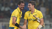 Australian captain Pat Cummins and Mitchell Starc celebrate their win against South Africa. 