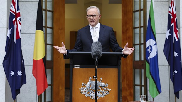 Prime Minister Anthony Albanese during a press conference after visiting Government House to call for an election