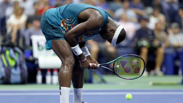 Frances Tiafoe of the United States reacts against Ben Shelton of the United States during their Men's Singles Quarterfinal match on Day Nine of the 2023 US Open at the USTA Billie Jean King National Tennis Center on September 05, 2023 in the Flushing neighborhood of the Queens borough of New York City. (Photo by Elsa/Getty Images)