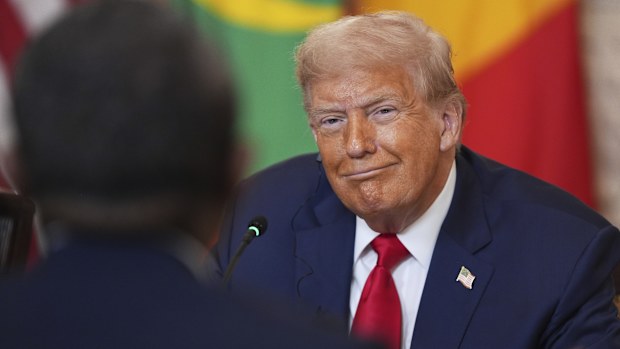 President Donald Trump speaks during a lunch with African leaders in the State Dining Room of the White House, Wednesday, July 9, 2025, in Washington. (AP Photo/Evan Vucci)