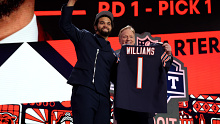 Caleb Williams poses with NFL Commissioner Roger Goodell after being selected No.1 overall. 