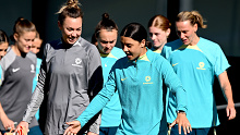 Sam Kerr and Mackenzie Arnold of the Matildas are seen chatting during a training session ahead of the FIFA Women's World Cup. 