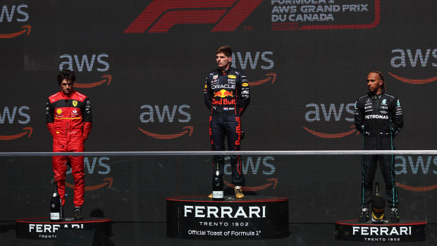 Race winner Max Verstappen second placed Carlos Sainz and third placed Lewis Hamilton make up the Canadian Grand Prix podium.