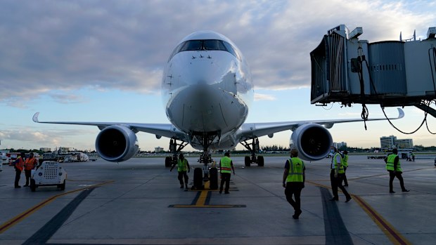 A Lufthansa flight arrives from Munich, Germany at Miami International Airport, Monday, Nov. 8, 2021, in Miami.  