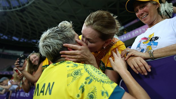 Michelle Heyman #2 of Team Australia celebrates with Christine Aldridge following the Women's group B match between Australia and Zambia during the Olympic Games Paris 2024 at Stade de Nice on July 28, 2024 in Nice, France. (Photo by Marc Atkins/Getty Images)