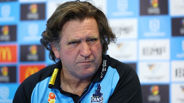 GOLD COAST, AUSTRALIA - JULY 13: Titans coach Des Hasler speaks to the media after the round 19 NRL match between Gold Coast Titans and Brisbane Broncos at Cbus Super Stadium, on July 13, 2025, in Gold Coast, Australia. (Photo by Chris Hyde/Getty Images)