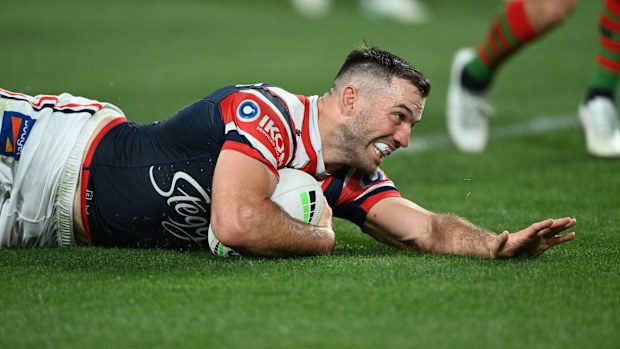 James Tedesco scores a try for the Roosters against South Sydney in round 27.