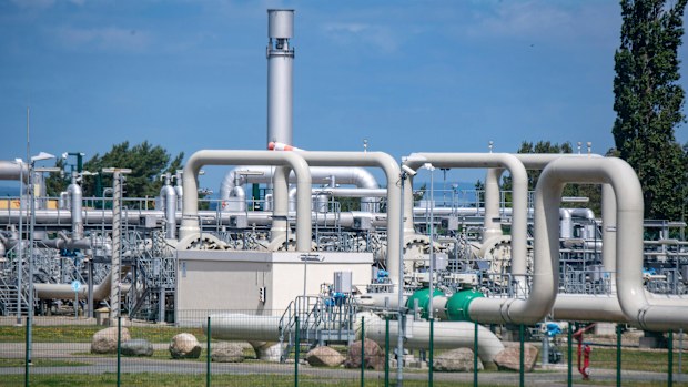 FILE - A view of pipe systems and shut-off devices at the gas receiving station of the Nord Stream 1 Baltic Sea pipeline and the transfer station of the OPAL (Ostsee-Pipeline-Anbindungsleitung - Baltic Sea Pipeline Link) long-distance gas pipeline in Lubmin, Germany, June 21, 2022. The Canadian government said late Saturday, July 9, 2022 it will allow the delivery to Germany of equipment from a key Russia-Europe gas pipeline that has undergone maintenance  equipment whose absence Russia's Gazpro