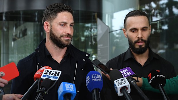 French nationals Damien Guerot (left) and Silas Desperaux (right) address the media at the NSW Coroners Court for the Bondi Junction Inquest. Lidcombe, NSW. April 29, 2025. Photo: Kate Geraghty