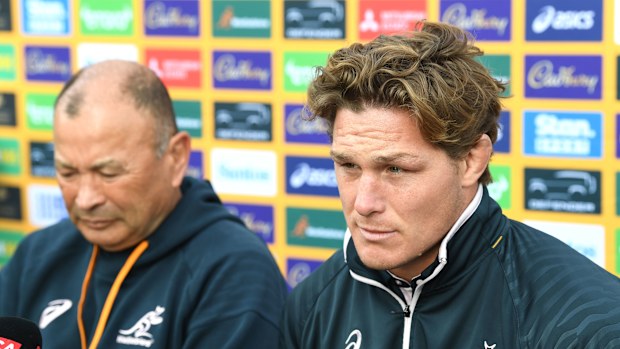 Wallabies head coach Eddie Jones (left) with co-captain Michael Hooper.