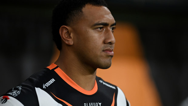 Aitasi James on his NRL debut for the Wests Tigers against the Cronulla Sharks in round 19.