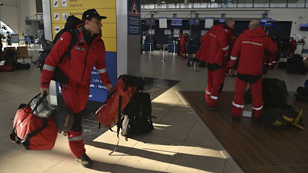 Members of urban search and rescue (USAR) team of Czech firefighters prepares to fly to the earthquake-hit Turkey to help search for people in debris, at Leos Janacek Airport, in Ostrava, Czech Republic, Monday, Feb. 6, 2023.