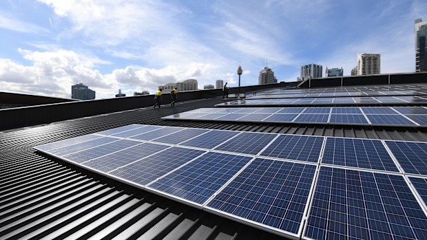 Solar panels with Sydney's Centrepoint Tower in the background.