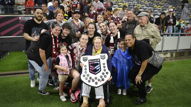 Tamika Upton of the Maroons celebrates with family and friends after winning Origin III and the 2024 Women's State of Origin series.