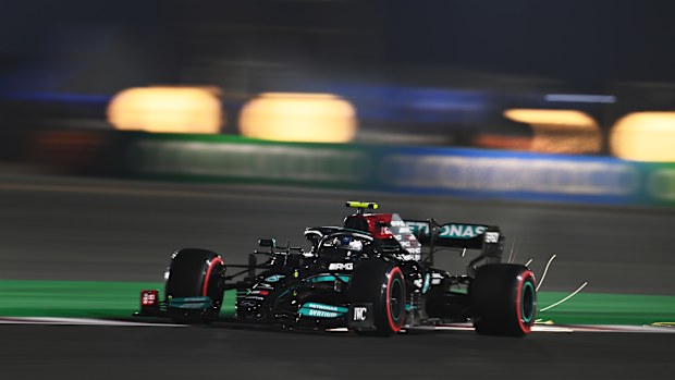 Sparks come from Valterri Bottas' Mercedes.