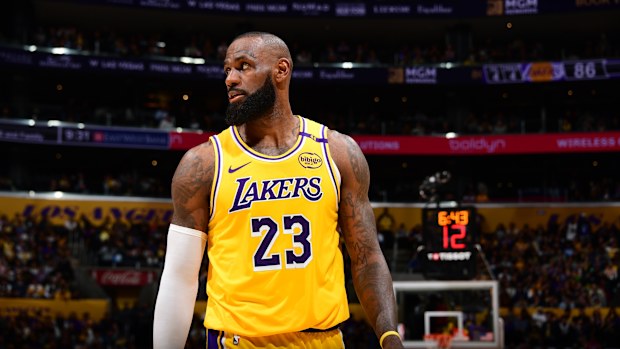 LOS ANGELES, CA - APRIL 30: LeBron James #23 of the Los Angeles Lakers looks on during the game against the Minnesota Timberwolves during Round One Game Five of the 2025 NBA Playoffs on April 30, 2025 at Crypto.Com Arena in Los Angeles, California. NOTE TO USER: User expressly acknowledges and agrees that, by downloading and/or using this Photograph, user is consenting to the terms and conditions of the Getty Images License Agreement. Mandatory Copyright Notice: Copyright 2025 NBAE (Photo by Ada