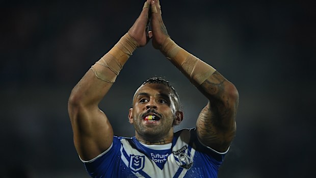 Josh Addo-Carr in action for the Bulldogs against the Dragons in round 23.