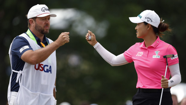 Minjee Lee of Australia celebrates with her caddie on the first green during the final round of the U.S. Women's Open Presented by Ally at Lancaster Country Club on June 02, 2024 in Lancaster, Pennsylvania. (Photo by Sarah Stier/Getty Images)