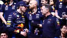 Race winner Max Verstappen of Red Bull Racing talks with team principal Christian Horner after the Bahrain Grand Prix. 
