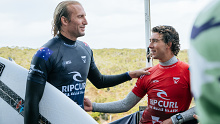 BELLS BEACH, VICTORIA, AUSTRALIA - APRIL 14: Owen Wright of Australia and Griffin Colapinto of the United States after surfing in Heat 1 of the Round of 32 at the Rip Curl Pro Bells Beach on April 14, 2022 at Bells Beach, Victoria, Australia (Photo by Beatriz Ryder/World Surf League via Getty Images)