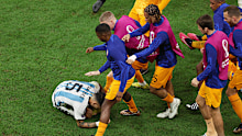 LUSAIL CITY, QATAR - DECEMBER 09: Leandro Paredes of Argentina reacts after clashing with Virgil Van Dijk of Netherlands (not pictured) during the FIFA World Cup Qatar 2022 quarter final match between Netherlands and Argentina at Lusail Stadium on December 09, 2022 in Lusail City, Qatar. (Photo by Elsa/Getty Images)