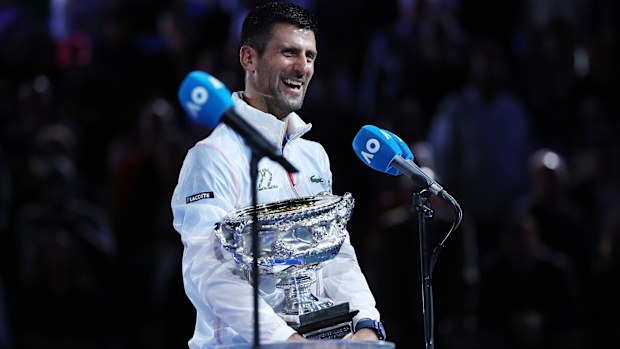 Novak Djokovic of Serbia gives a speech with the Norman Brookes Challenge Cup after winning the Men's Singles Final match against Stefanos Tsitsipas of Greece during day 14 of the 2023 Australian Open at Melbourne Park on January 29, 2023 in Melbourne, Australia. (Photo by Cameron Spencer/Getty Images)