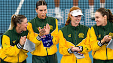 Australia's Billie Jean King Cup team featuring Tomjlanovic (third from right) next to Maya Joint.
