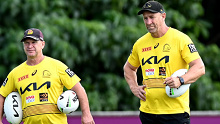 BRISBANE, AUSTRALIA - FEBRUARY 07: Trainer Allan Langer and Assistant Coach John Cartwright watch on during a Brisbane Broncos NRL training session at the Clive Berghofer Centre on February 07, 2022 in Brisbane, Australia. (Photo by Bradley Kanaris/Getty Images)