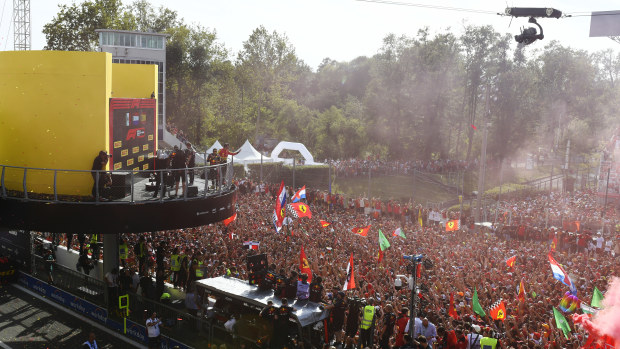 A general view of the podium celebrations with Race winner Max Verstappen of the Netherlands and Oracle Red Bull Racing, Second placed Sergio Perez of Mexico and Oracle Red Bull Racing and Third placed Carlos Sainz of Spain and Ferrari during the F1 Grand Prix of Italy at Autodromo Nazionale Monza on September 03, 2023 in Monza, Italy. (Photo by Rudy Carezzevoli - Formula 1/Formula 1 via Getty Images)