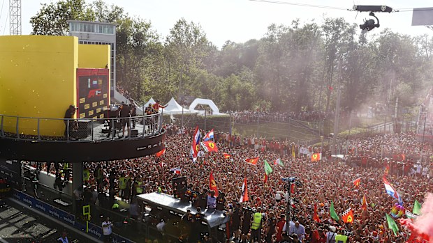 A general view of the podium celebrations with Race winner Max Verstappen of the Netherlands and Oracle Red Bull Racing, Second placed Sergio Perez of Mexico and Oracle Red Bull Racing and Third placed Carlos Sainz of Spain and Ferrari during the F1 Grand Prix of Italy at Autodromo Nazionale Monza on September 03, 2023 in Monza, Italy. (Photo by Rudy Carezzevoli - Formula 1/Formula 1 via Getty Images)