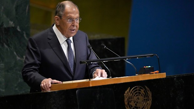 Russia's Minister for Foreign Affairs Sergey Lavrov addresses the 80th session of the United Nations General Assembly, Saturday, Sept. 27, 2025, at U.N. headquarters. (AP Photo/Pamela Smith)