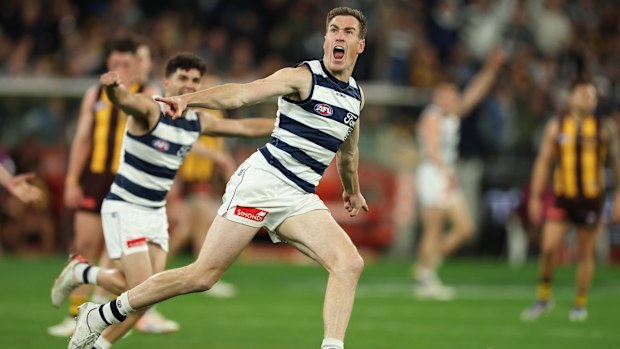 Jeremy Cameron of the Cats celebrates a goal during the preliminary final.
