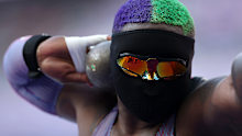 Raven Saunders competes with a mask in the women's shot put qualification on day thirteen of the Olympic Games Paris 2024.
