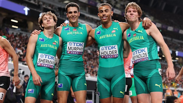 From left to right: Cooper Sherman, Aidan Murphy, Reece Holder and Thomas Reynolds after their 4x400m heat.