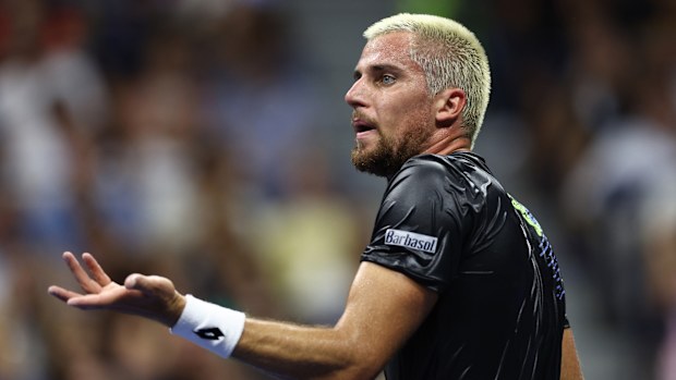 Borna Gojo reacts during his fourth-round match against Novak Djokovic at the 2023 US Open.