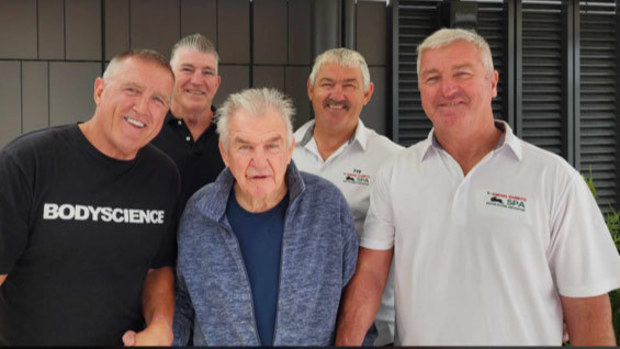 George Piggins (centre) is in hospital with dementia. This picture was taken when four of his former Rabbitohs players (L-R) Darren Brown, Les Davidson, Michael Andrews and Darryl Neville came to visit him in hospital.