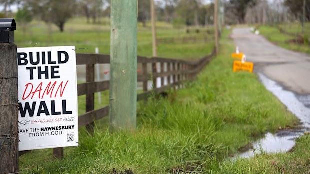 Water rises around Gronos Farm Road in Wilberforce on the plains of the Hawkesbury, north west of Sydney.