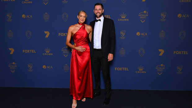 MELBOURNE, AUSTRALIA - JANUARY 31: Matthew Short and Madison Wilson arrive ahead of the 2024 Cricket Australia Awards at Crown Palladium on January 31, 2024 in Melbourne, Australia. (Photo by Morgan Hancock/Getty Images for Cricket Australia)