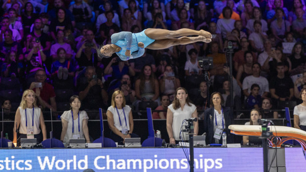 Simone Biles attempts a Yurchenko double pike at the Artistic Gymnastics World Championships in Antwerp, Belgium.